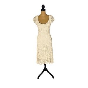 Floral Crochet Midi Dress Women’s Medium Tan Sheer Scoop Neck Boho